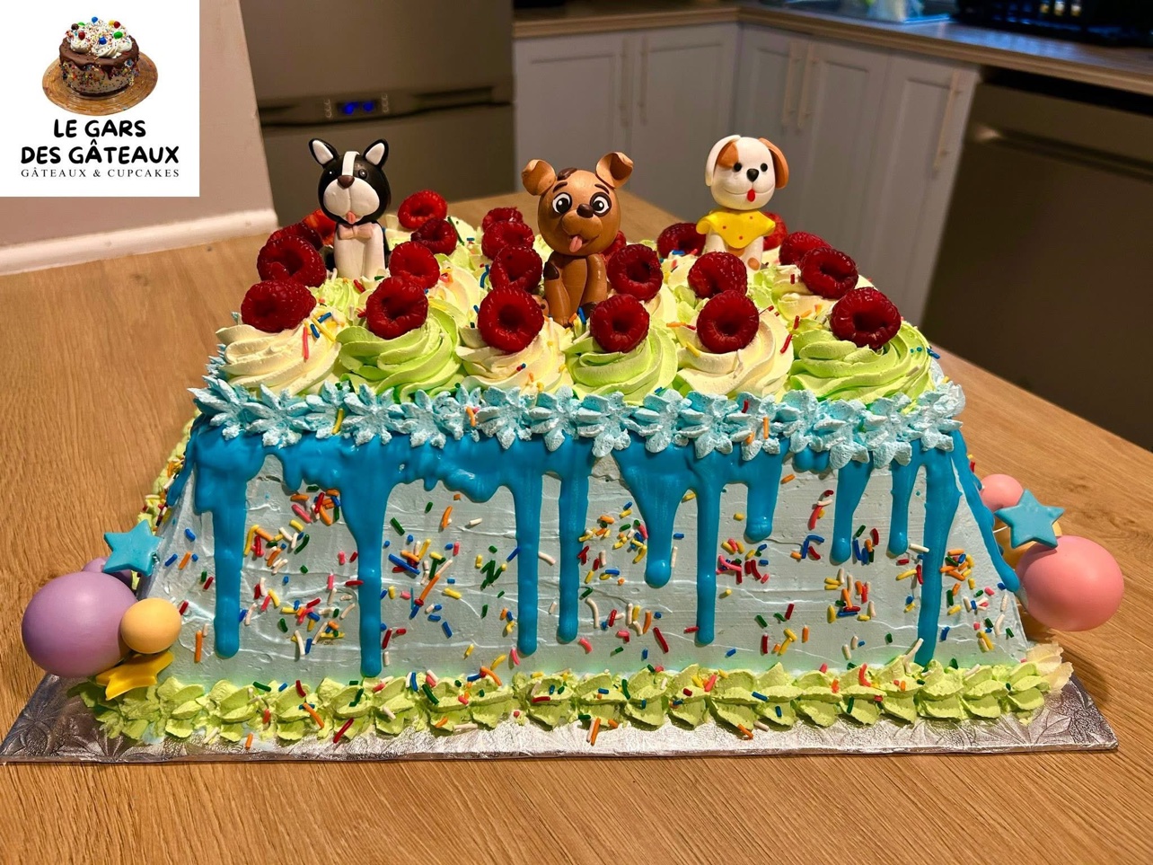 Gâteau framboises et chiens, vue rapprochée