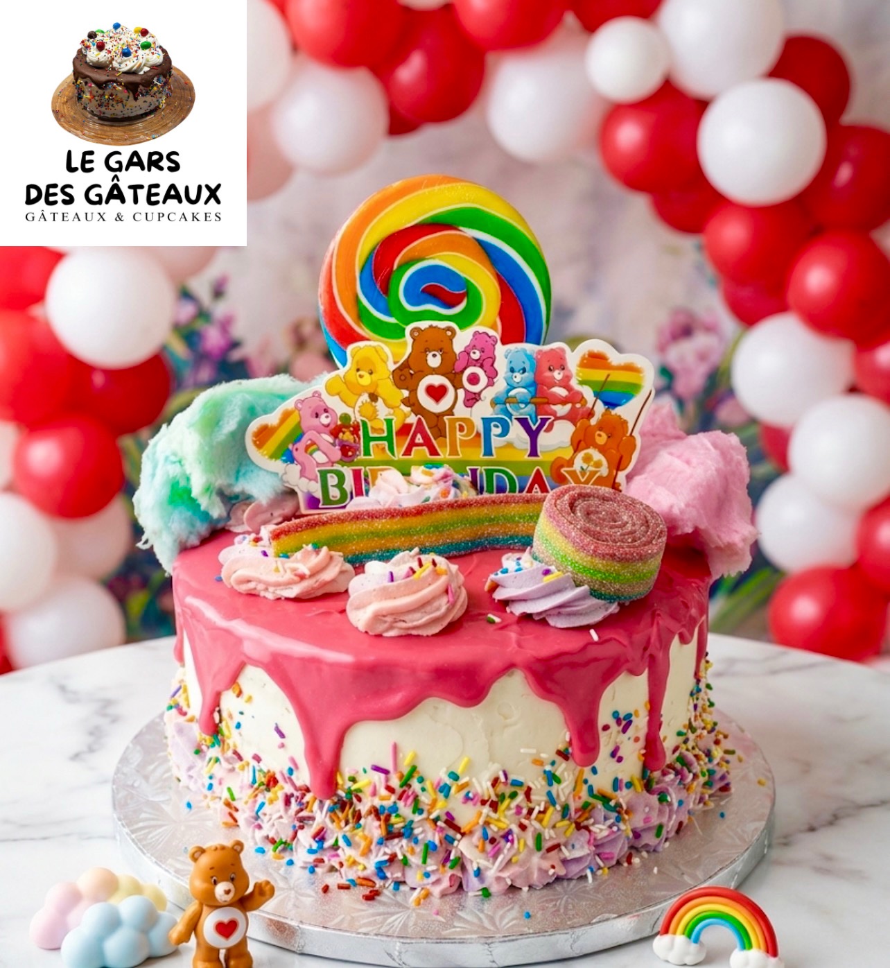 Gâteau câlinours, drip rose et bonbons