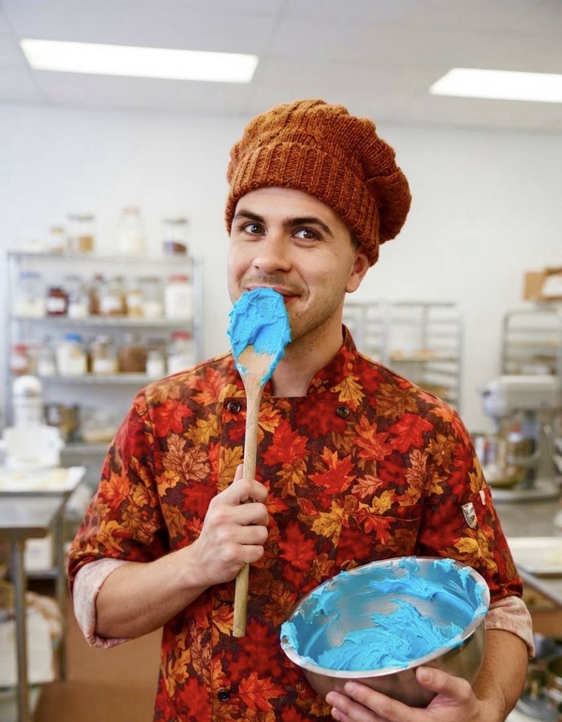 Alex go&ucirc;tant du gla&ccedil;age bleu dans sa cuisine