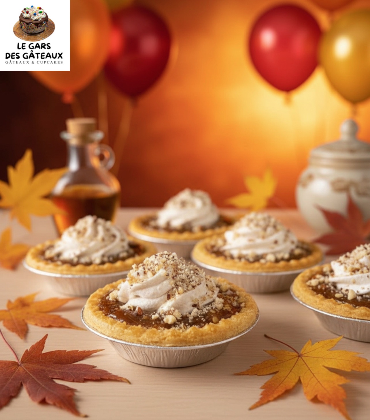 Mini-tartelettes d’automne garnies de crème et de noix, entourées de feuilles d’érable, par Le Gars des Gâteaux