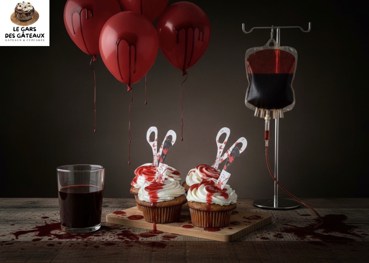 Cupcakes d’Halloween au glaçage blanc nappés de coulis rouge, avec des ballons rouges, par Le Gars des Gâteaux